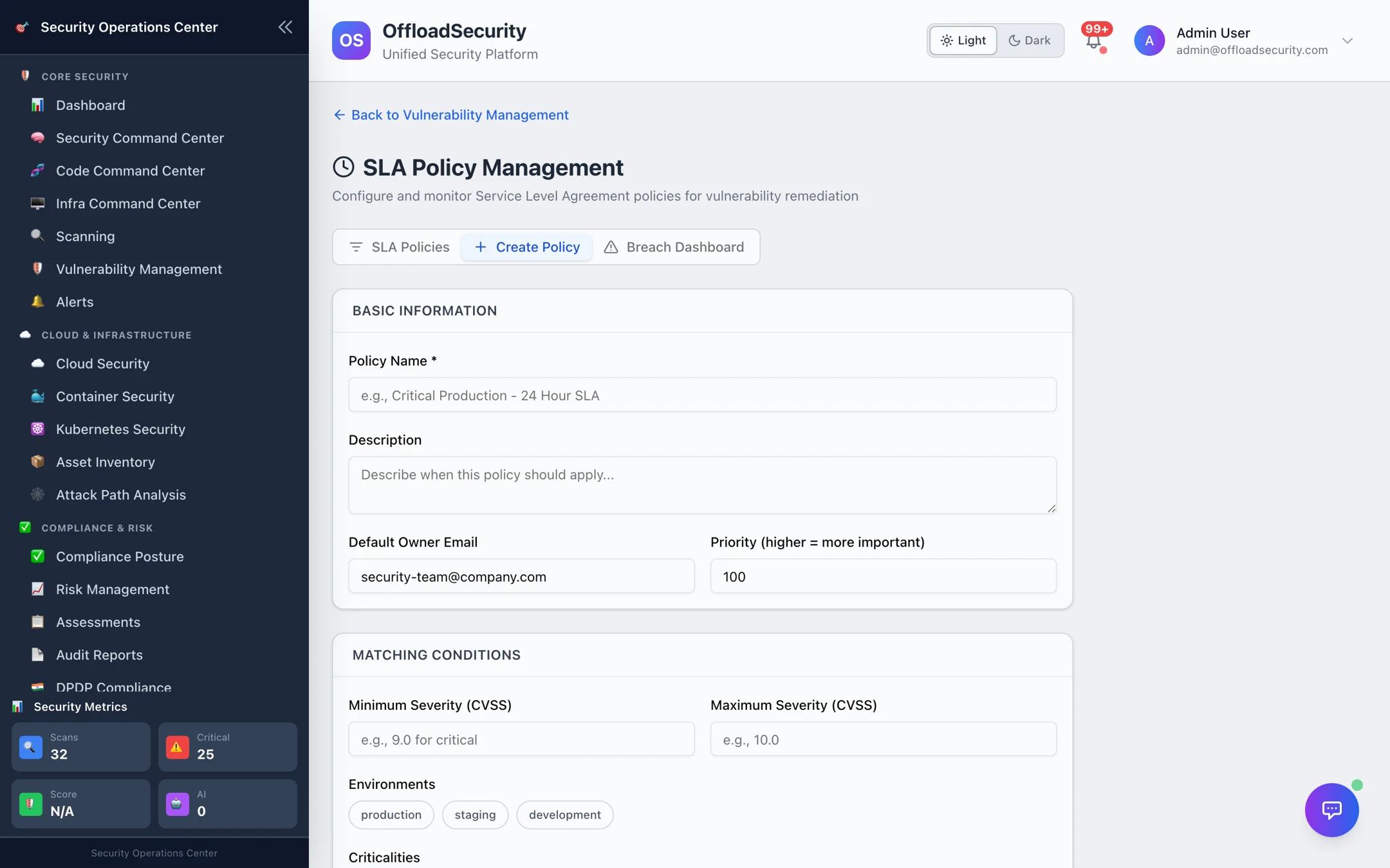 Create Policy form: name, description, default owner email, priority, matching conditions (CVSS min/max, environments, criticalities) and timeline