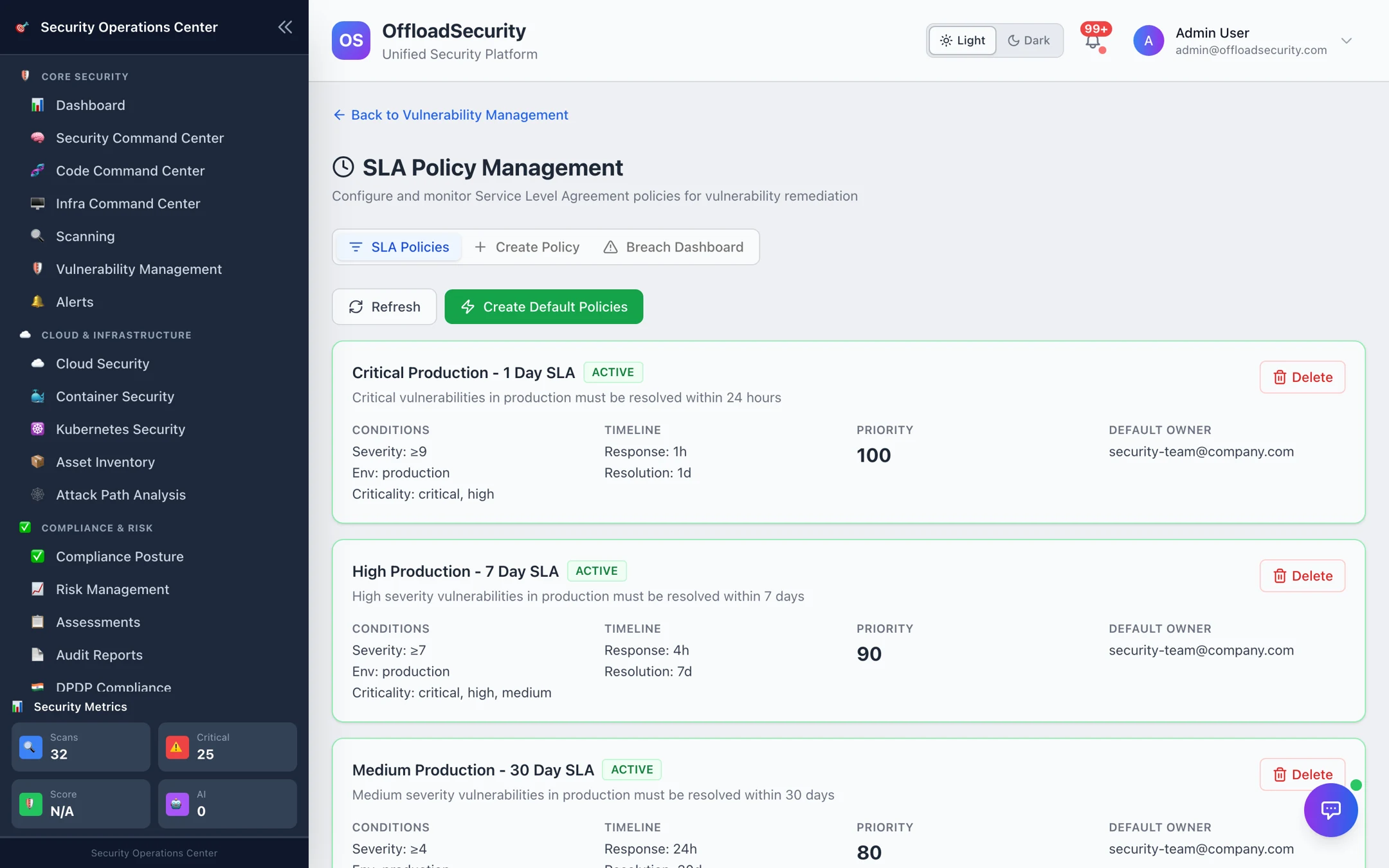 SLA Policy Management: three active policies — Critical Production 1-Day, High Production 7-Day, Medium Production 30-Day — each with conditions, response and resolution timelines, priority and default owner