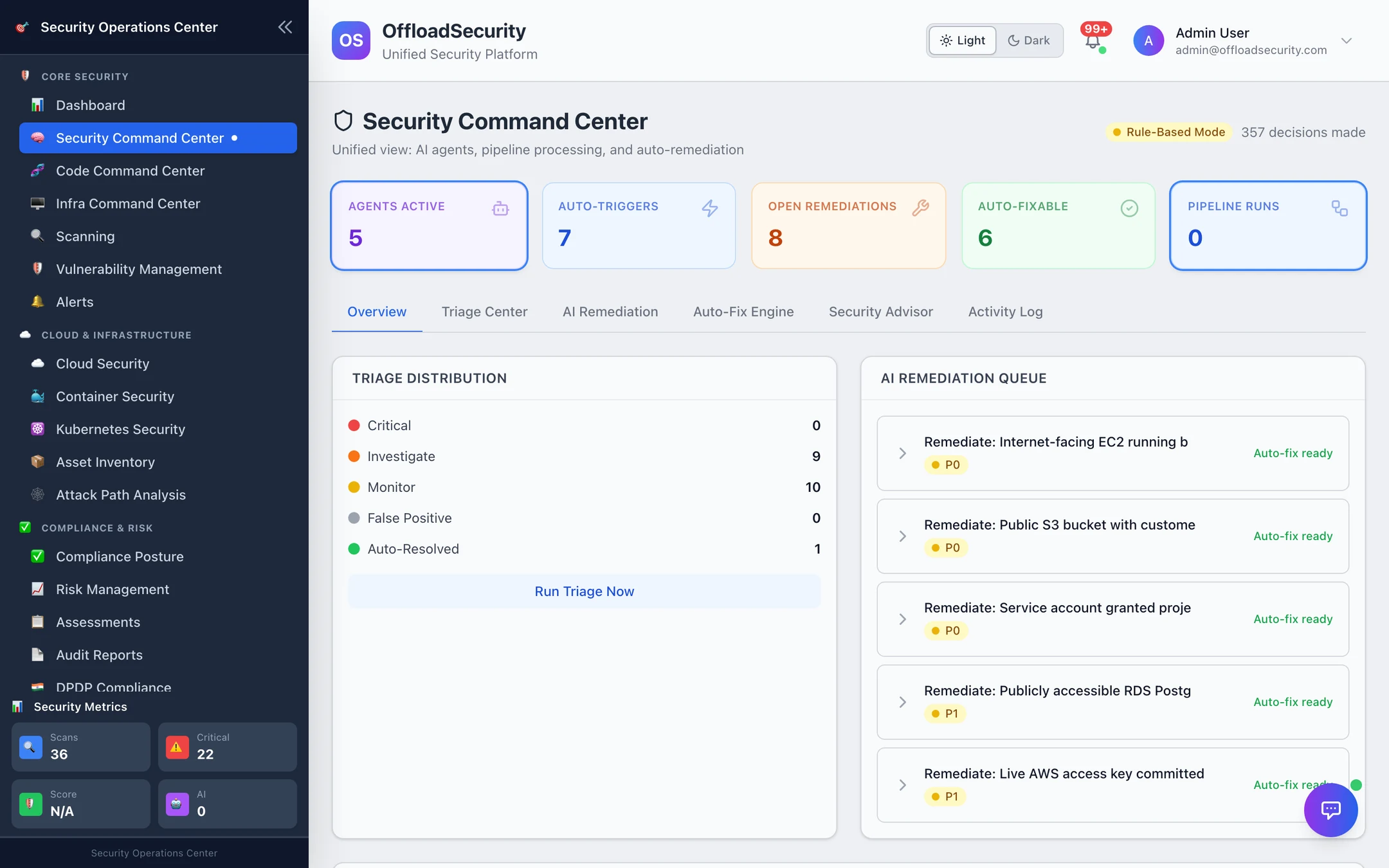 Security Command Center overview: agents active, auto-triggers, open remediations, auto-fixable, pipeline runs; triage distribution; AI remediation queue