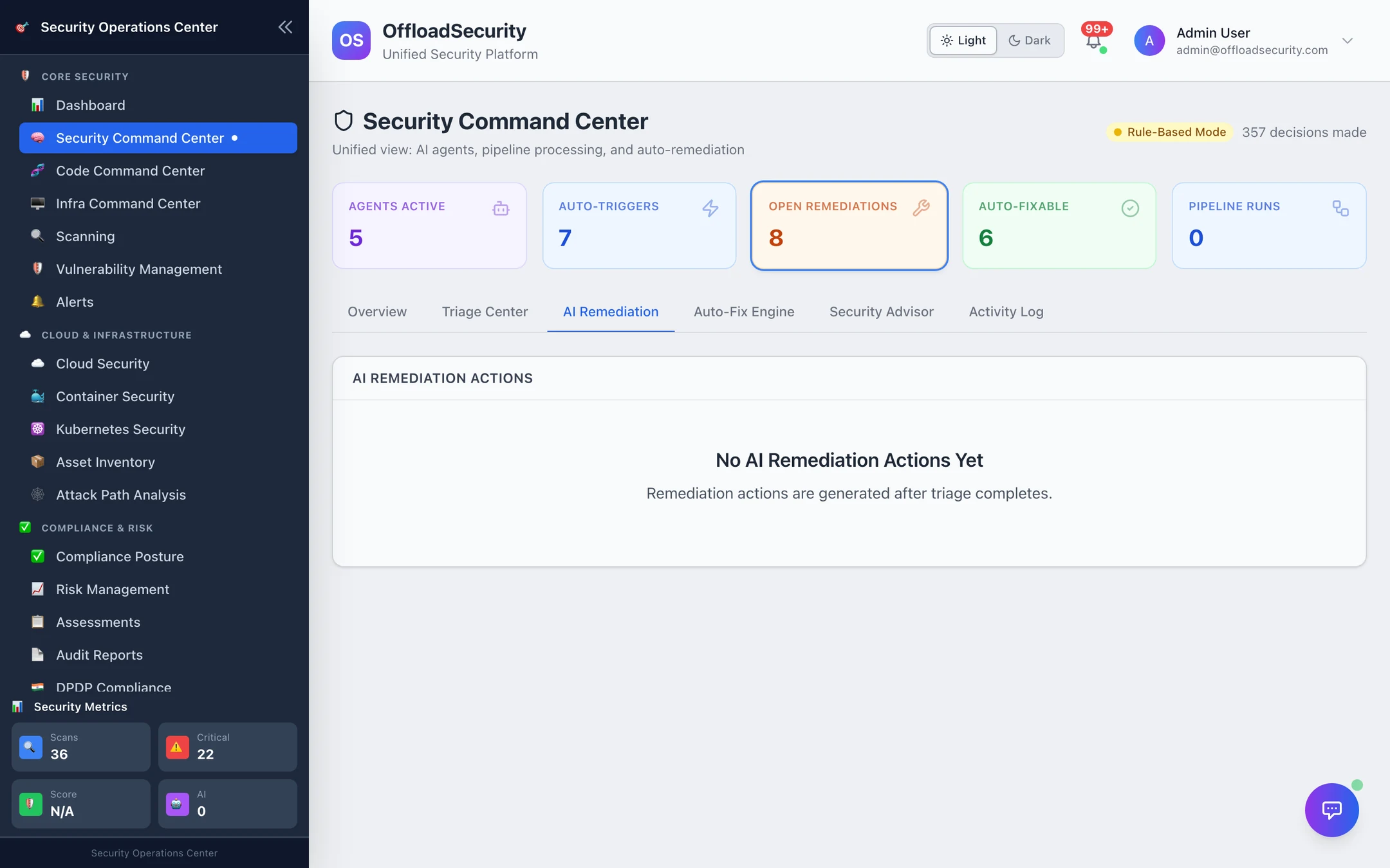 AI Remediation Actions: generated fix guidance per finding with resource, severity and check