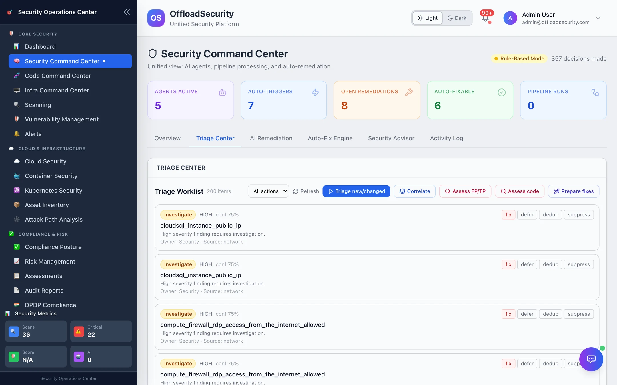 Triage Center: worklist with verdict, severity, confidence and reasoning per finding; fix / defer / dedup / suppress; Triage new/changed, Correlate, Assess FP/TP, Assess code, Prepare fixes