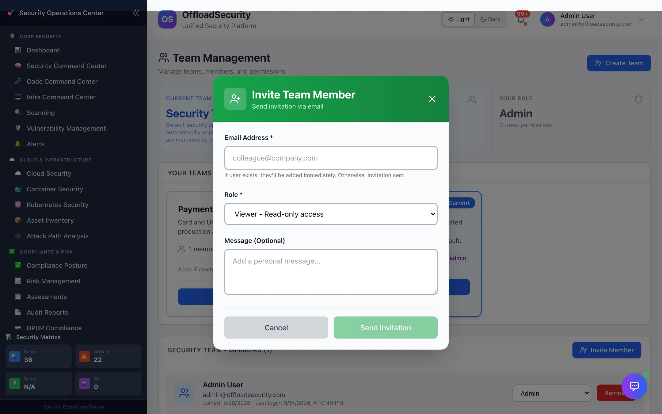 Invite Team Member: email, role (Viewer — read-only access by default), optional message; Send Invitation