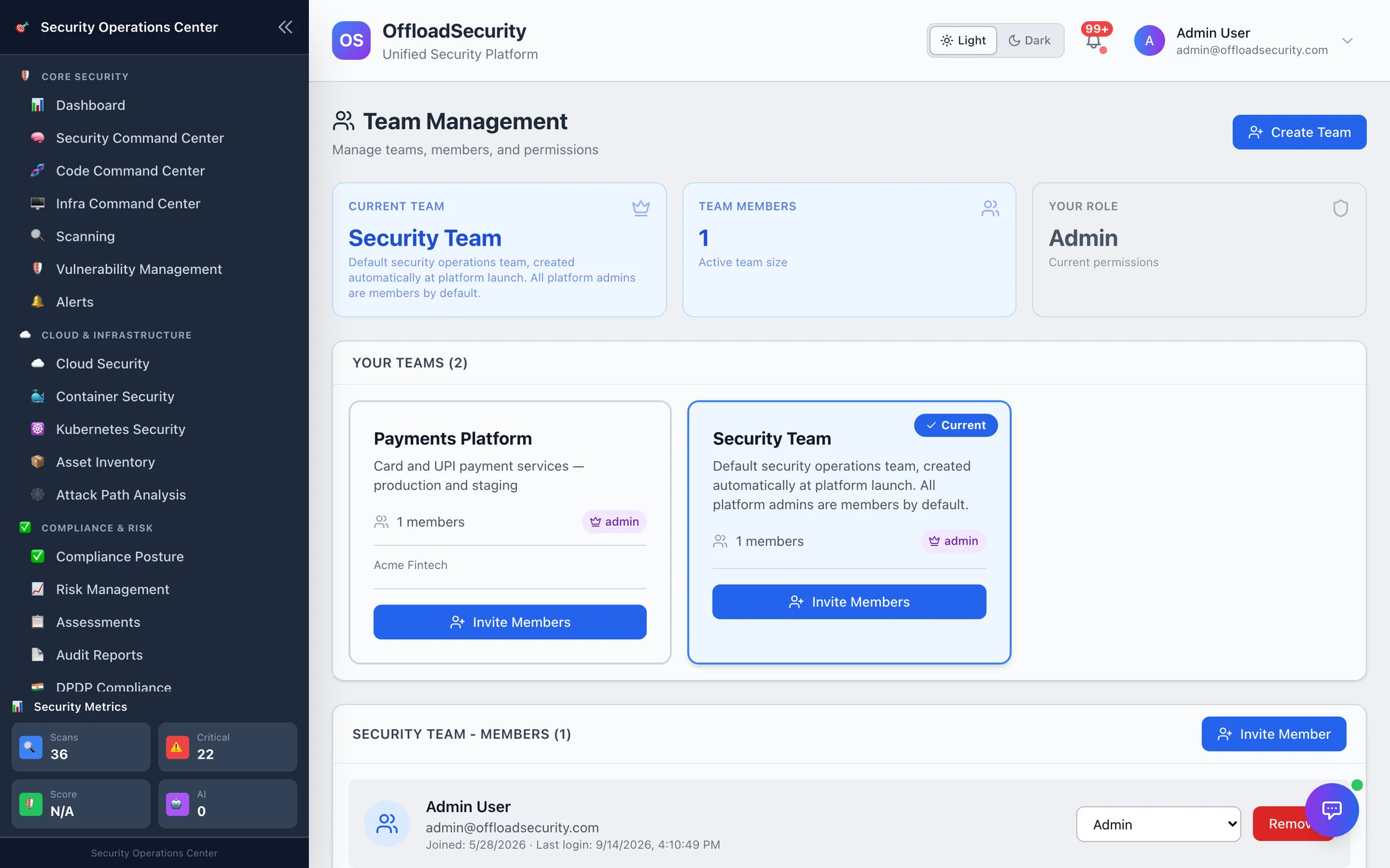 Team Management: current team, members, your role; your teams with Current marker and Invite Members; members list with role selector