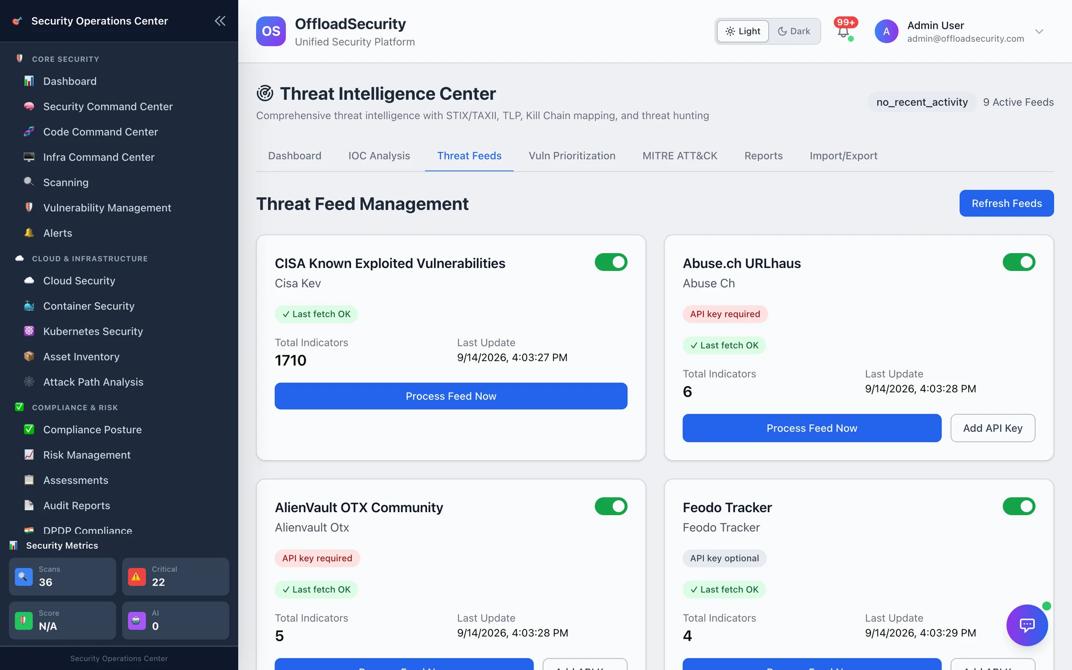 Threat Feed Management: CISA KEV, Abuse.ch URLhaus, AlienVault OTX, Feodo Tracker cards with enable switch, last fetch, indicator count, Process Feed Now, Add API Key
