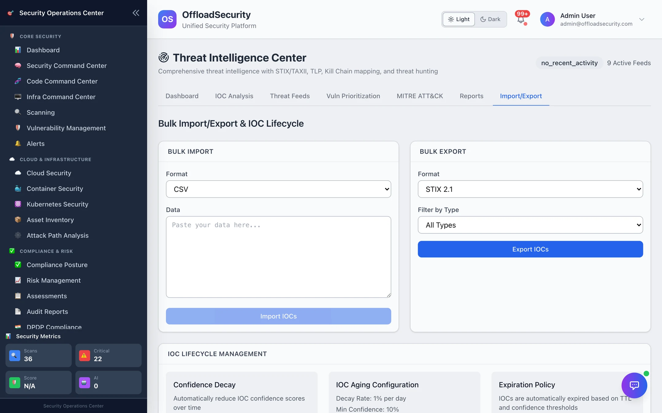 Bulk Import/Export & IOC Lifecycle: import CSV/JSON/STIX, export STIX 2.1 filtered by type; confidence decay, aging configuration, expiration policy
