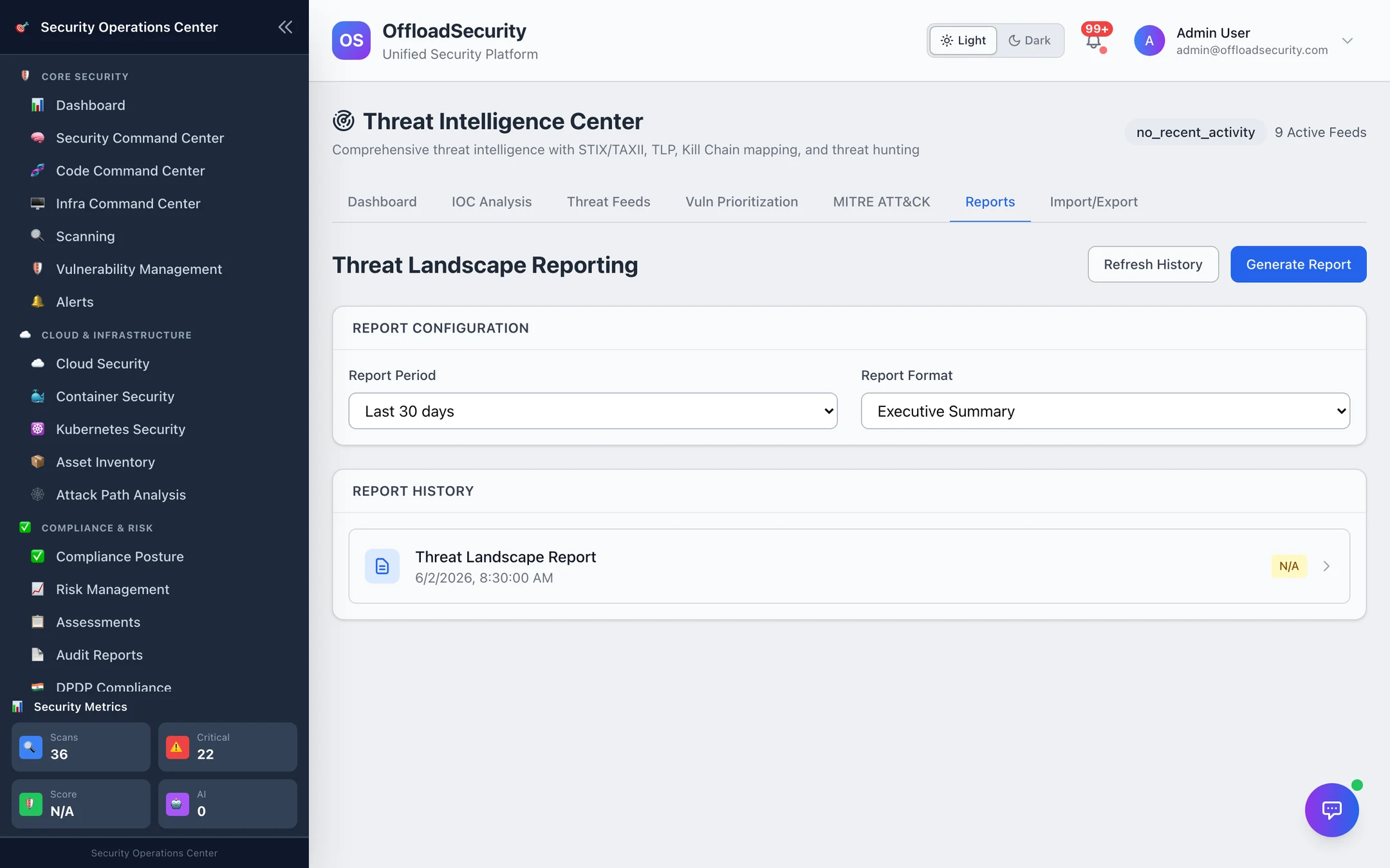 Threat Landscape Reporting: report period and format, Generate Report, report history