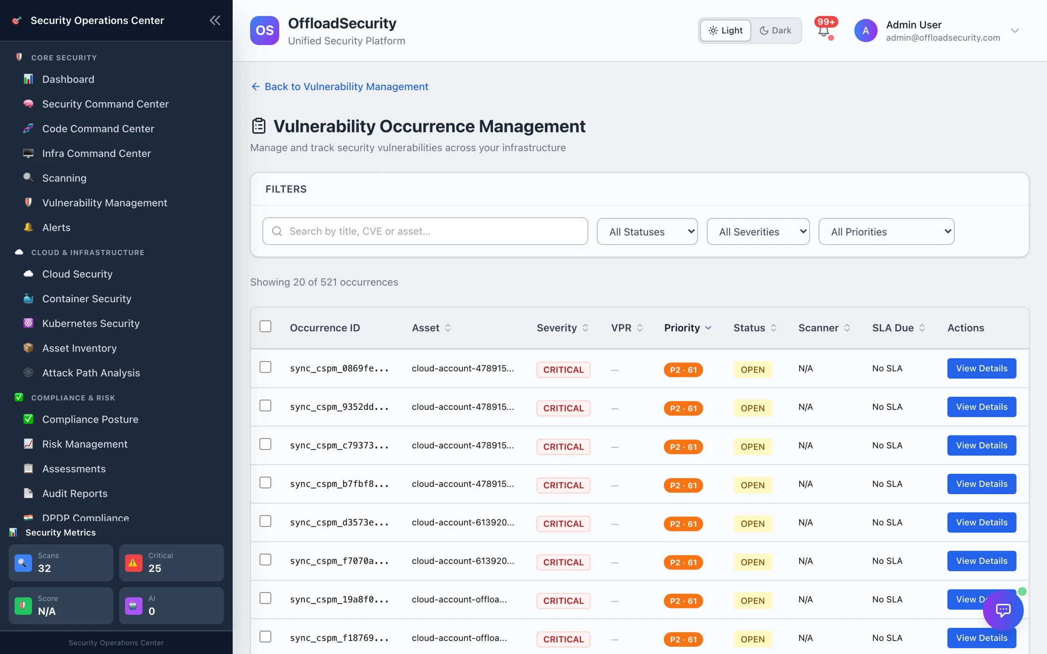 Vulnerability Occurrence Management: filters (status, severity, priority), 521 occurrences with occurrence ID, asset, severity, VPR, priority, status, scanner, SLA due and View Details