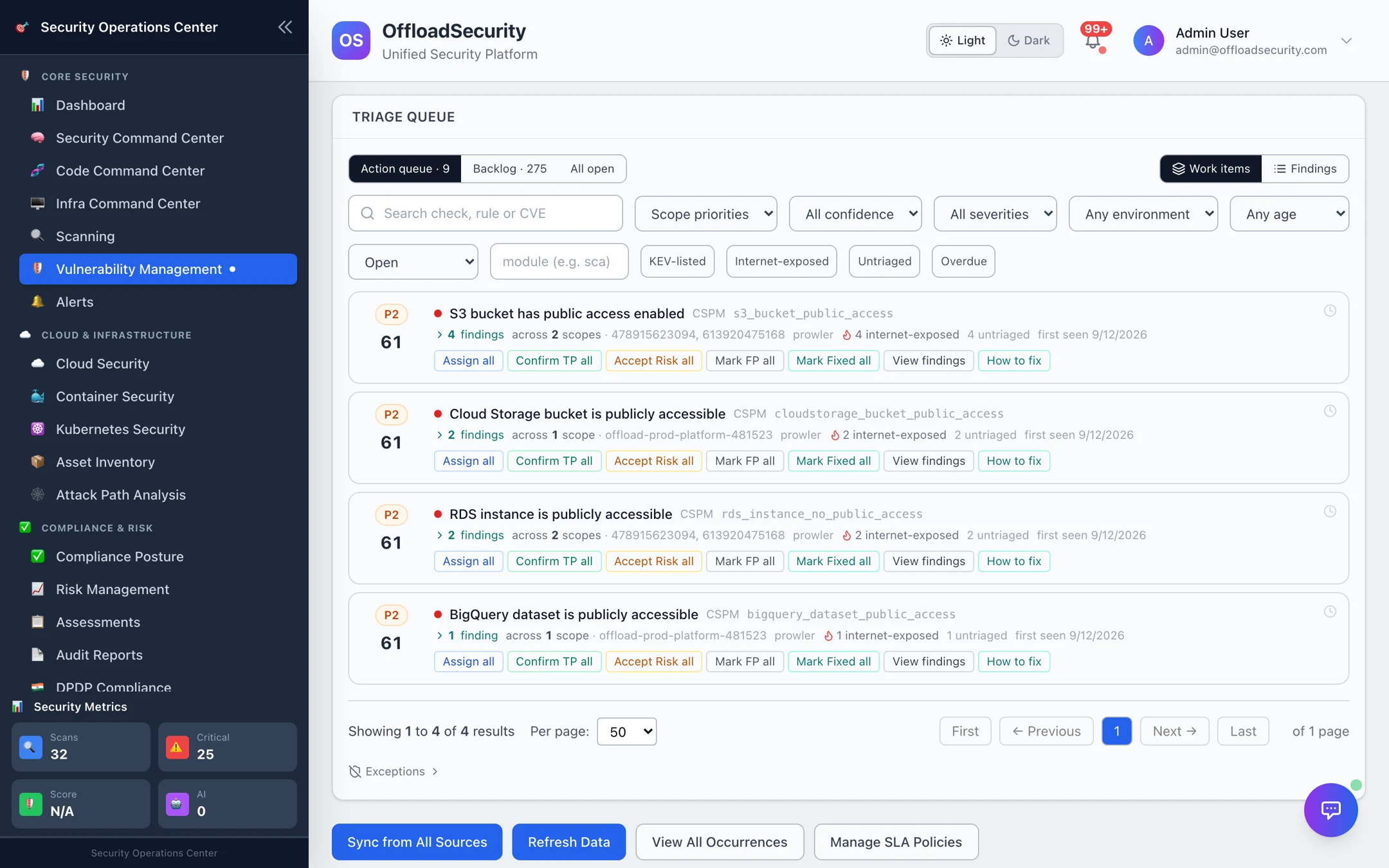 Vulnerability Management — Triage: 9 findings need action now in 4 work items (P1 + P2 of 284 open), overview tiles, and the Action queue with S3 public-access work items and their bulk actions