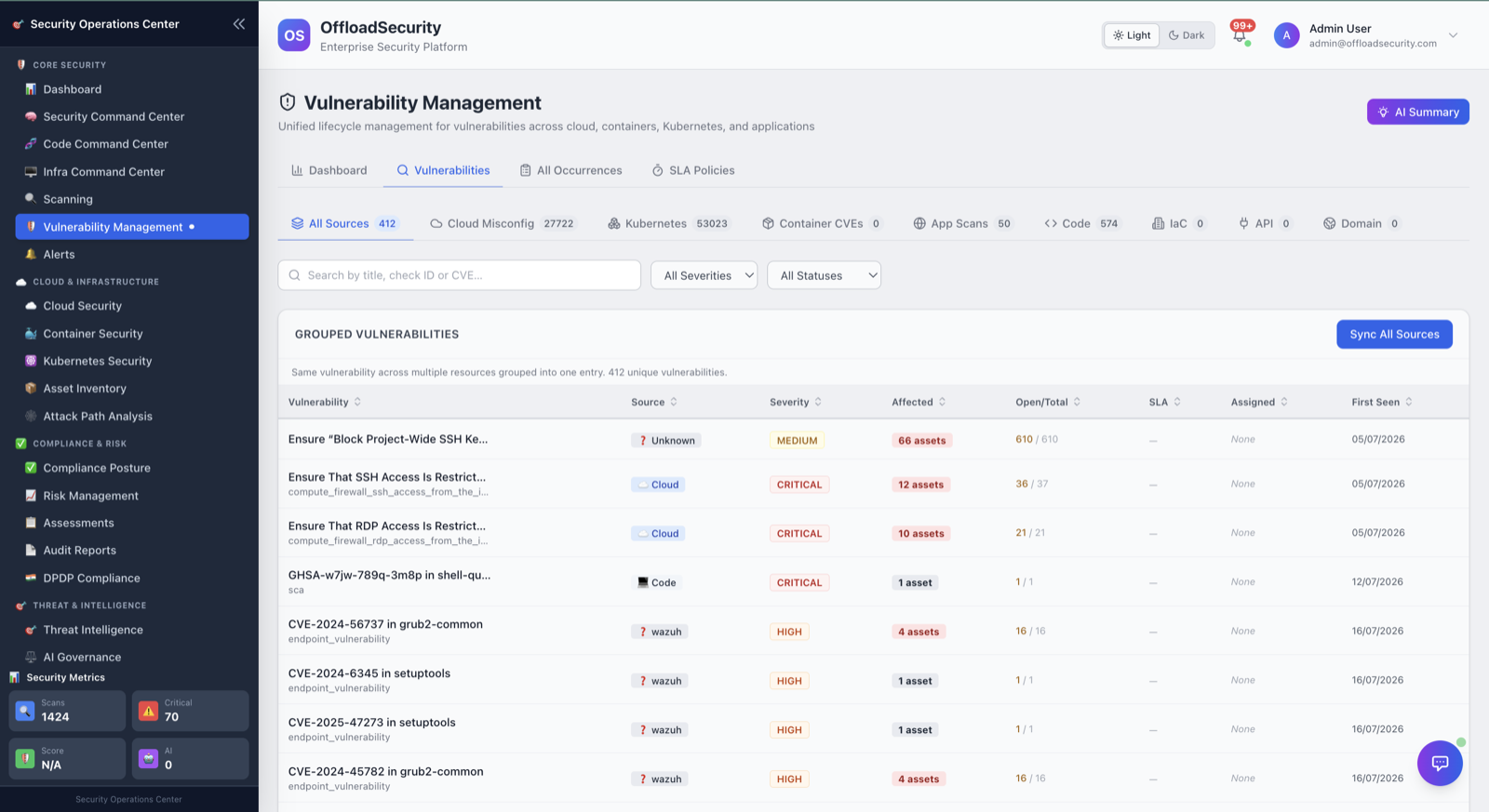 Vulnerability occurrence management screen