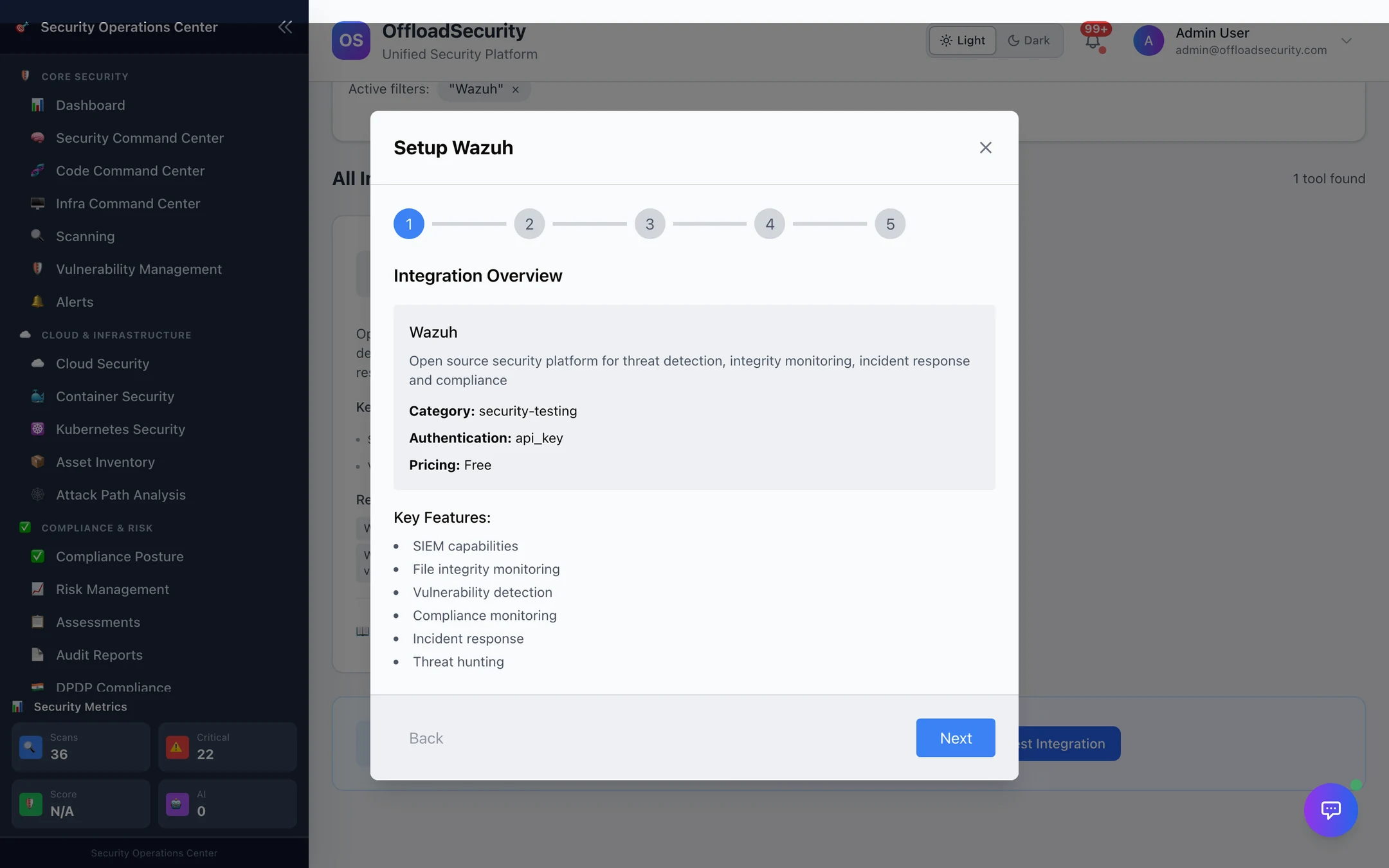 Setup Wazuh, step 1 of 5: Integration Overview — description, category security-testing, authentication api_key, key features