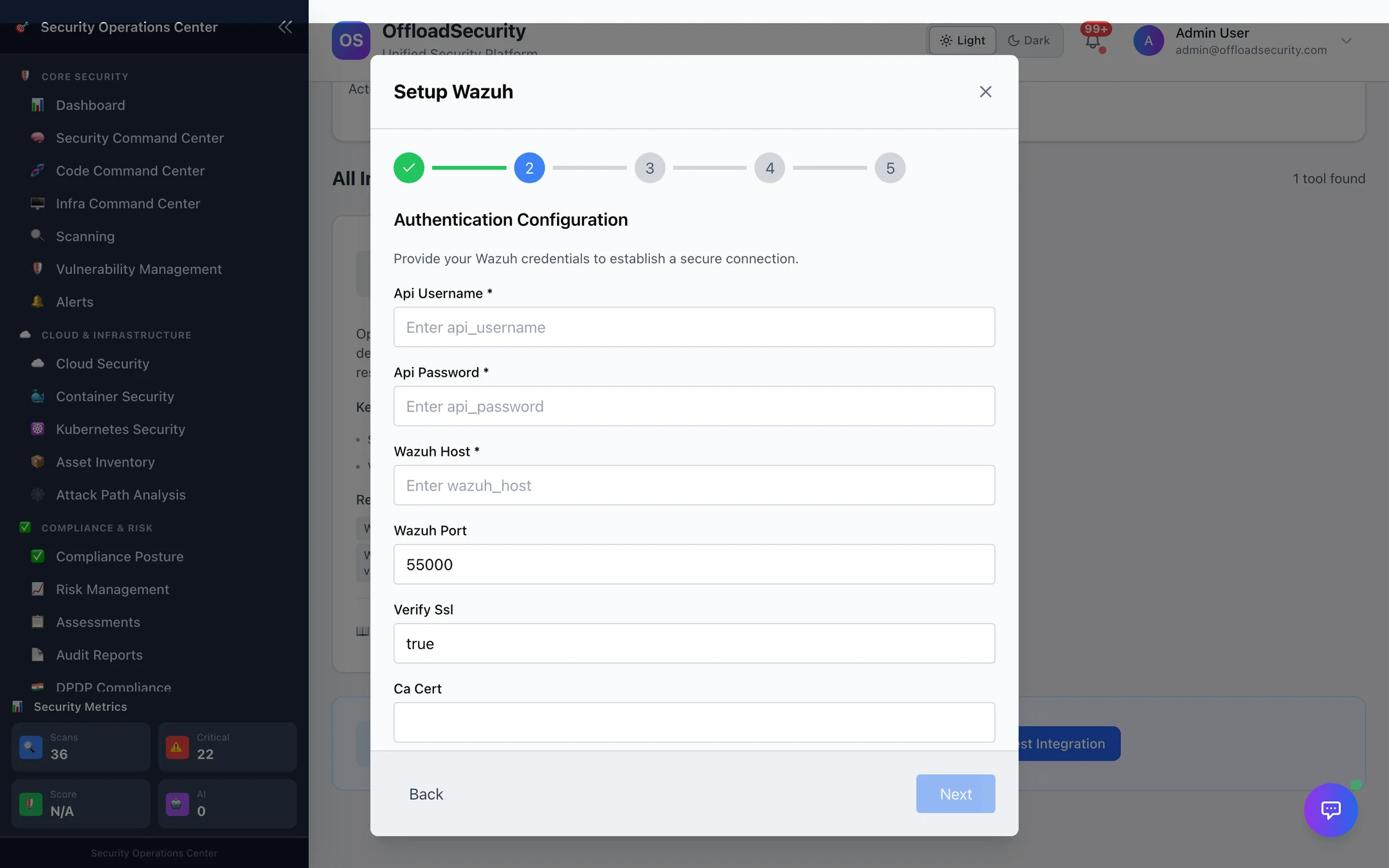 Setup Wazuh, step 2: Api Username, Api Password, Wazuh Host required; Wazuh Port 55000, Verify Ssl true, Ca Cert optional