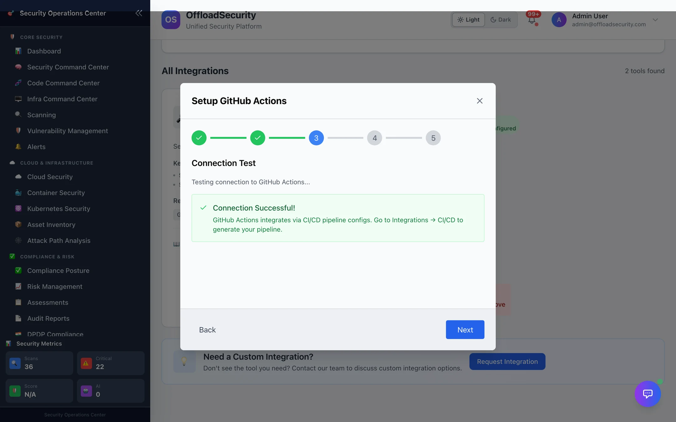 Setup GitHub Actions, step 3: Connection Test — "Connection Successful!" with the tool's message