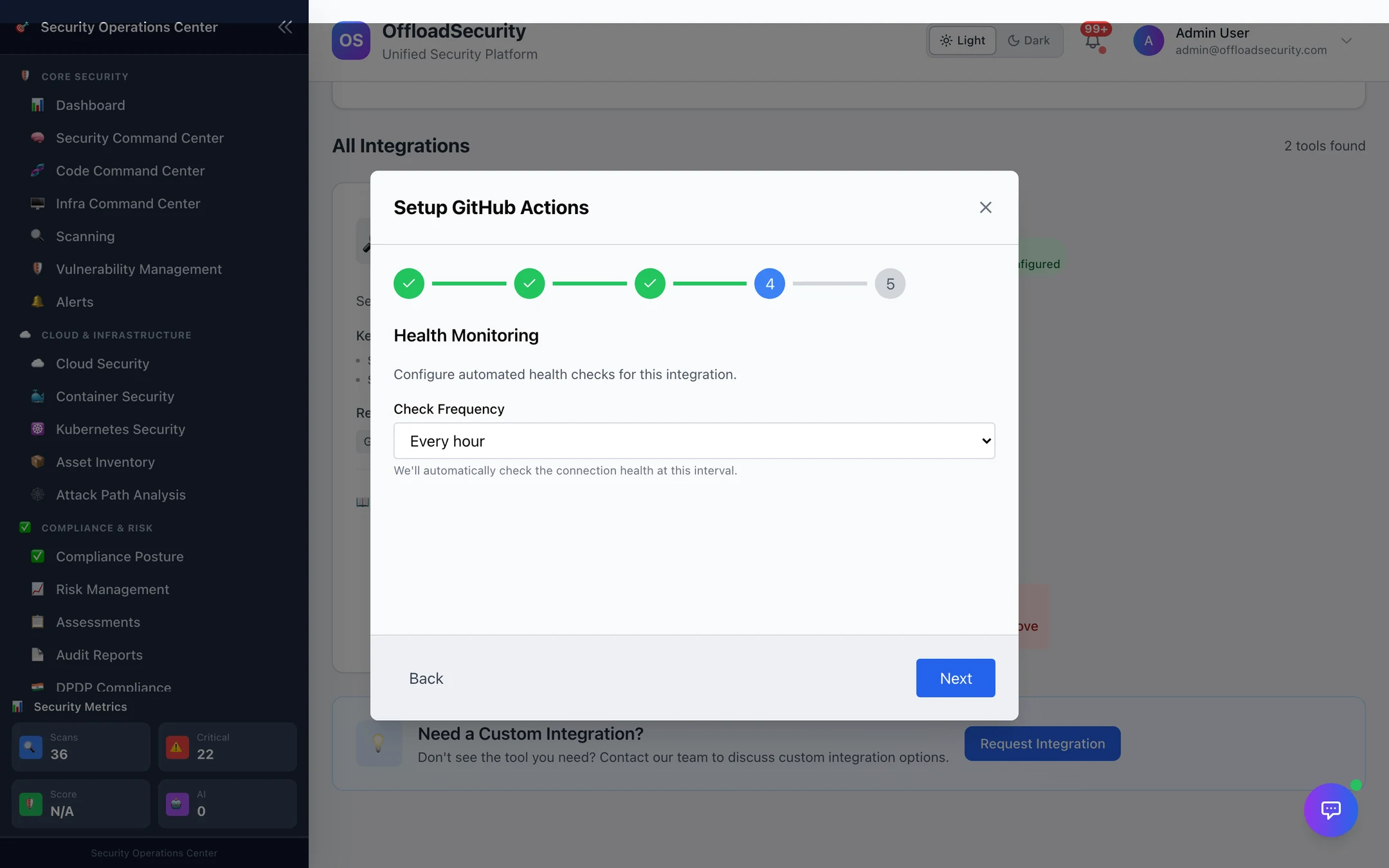 Setup GitHub Actions, step 4: Health Monitoring — Check Frequency: Every hour