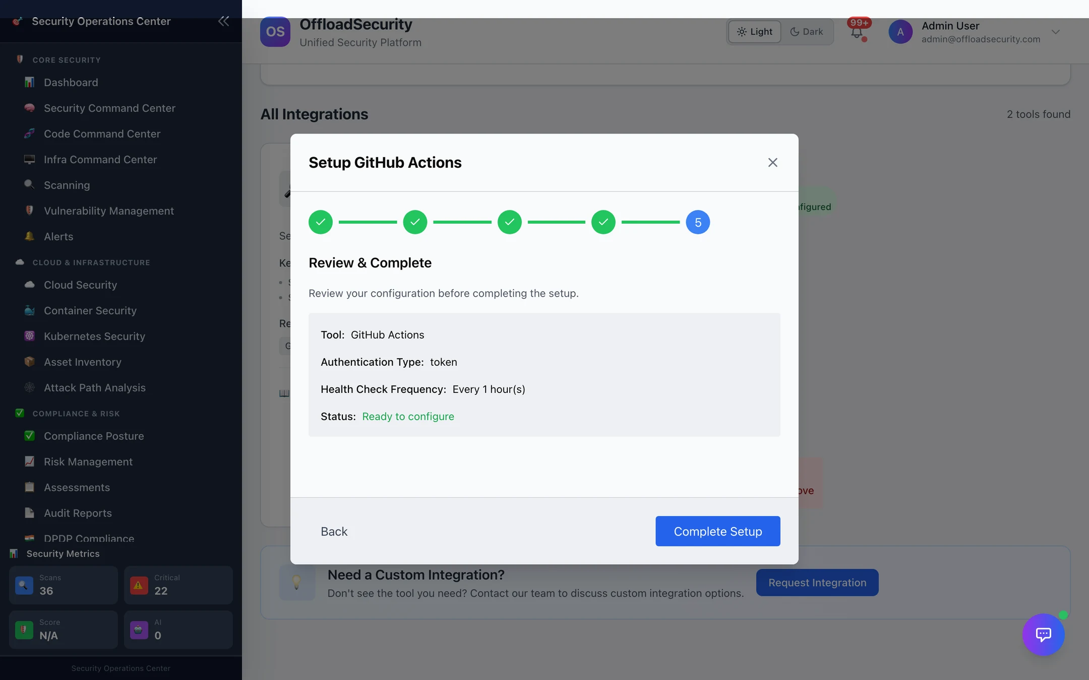 Setup GitHub Actions, step 5: Review &amp; Complete — tool, authentication type token, health check every hour, Complete Setup